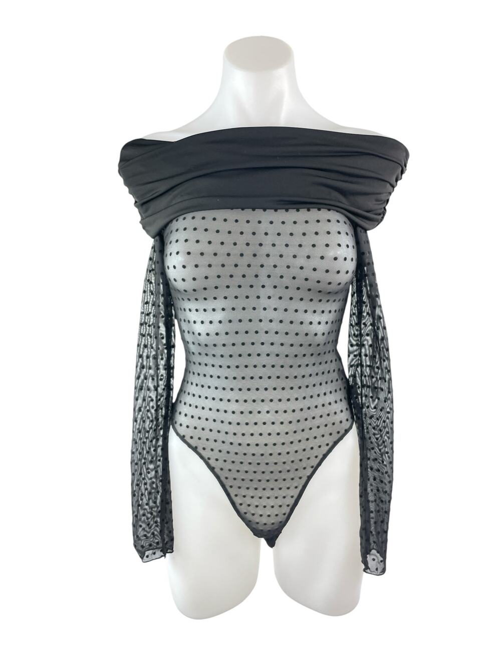 NEW Forever 21 Black Off The Shoulder Polka Dots Mesh Sheer Bodysuit Top Size XS